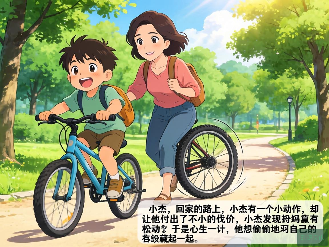在一个阳光明媚的周末，小杰的妈妈带他去附近的公园骑行。小杰兴奋地骑着自行车，穿梭在绿树成荫的小道上。然而，在回家的路上，小杰的一个小动作，却让他付出了不小的代价