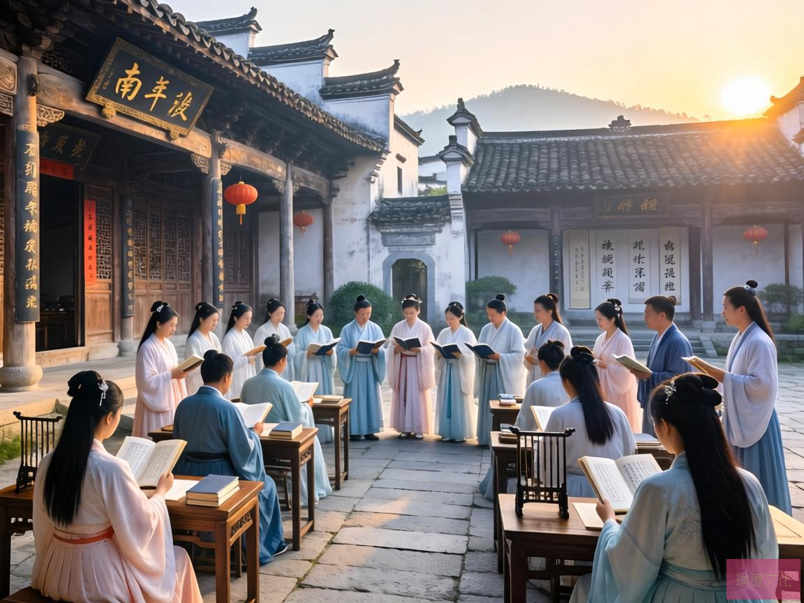 在徽州古城的宁静深处，南湖书院的古韵与现代的交融，为游客们开启了一段穿越千年的国学之旅。晨曦初露，古色古香的庭院中，身着汉服的游客们汇聚一堂，参与国学晨读班，共同沉浸在论语的智慧海洋