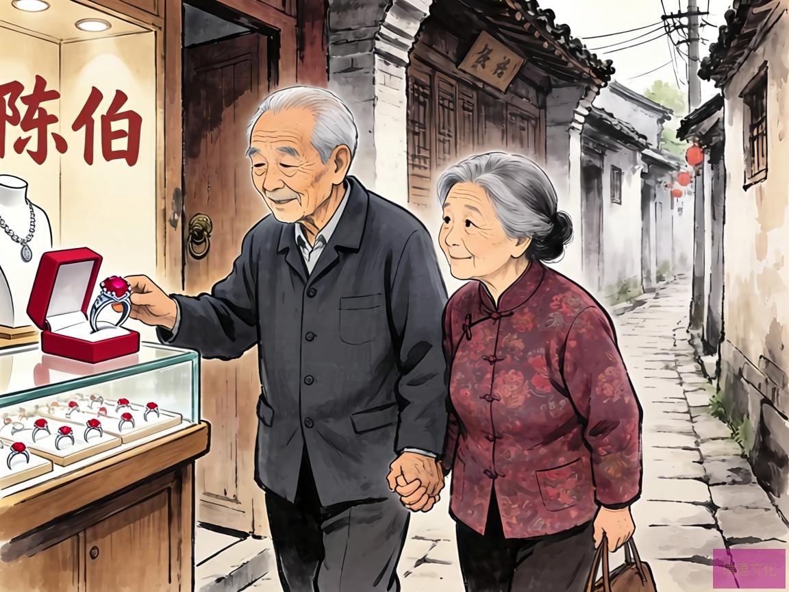 在古色古香的街角，老夫妻陈伯和李阿姨手牵手，步履轻盈。他们的眼中闪烁着对美好生活的向往，刚刚在一家珠宝店挑选了一枚红宝石戒指，那是他们结婚纪念日即将到来的惊喜