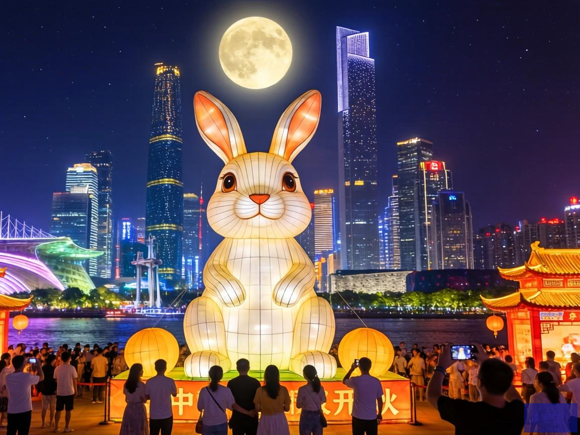中秋月圆，广州城灯火辉煌，一场别开生面的中秋灯会璀璨亮灯，为这座繁华都市增添了一抹诗意。在这场视觉盛宴中，巨型兔子灯脱颖而出，成为网红打卡点，吸引了无数市民和游客的目光